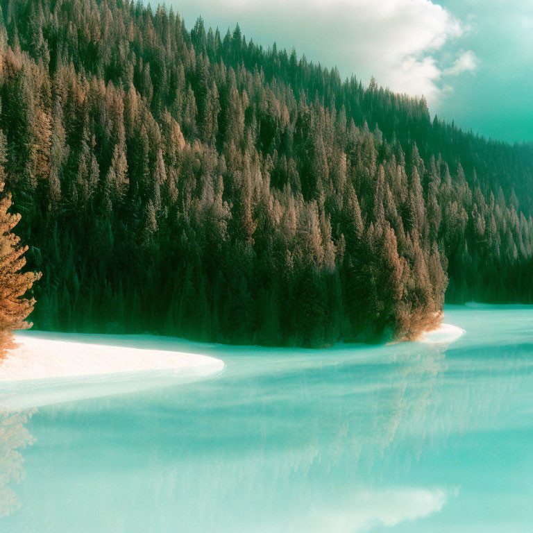 Mist-covered turquoise lake in lush forest under soft light