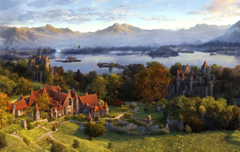 Medieval castle in lush landscape with lake and mountains