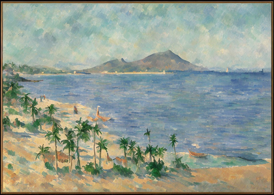Tropical beach scene with palm trees, boats, and mountain in Impressionist style