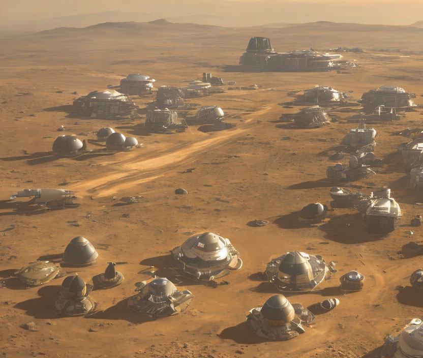 Martian colony with dome-like structures on dusty landscape