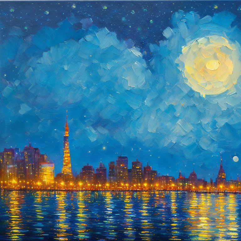 City skyline painting at night with illuminated tower, moon, and starry sky