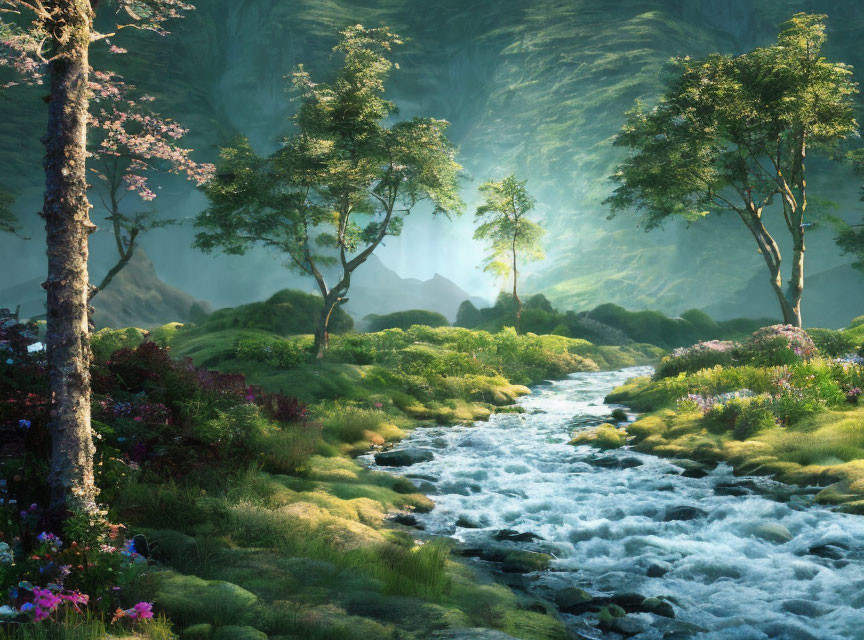 Tranquil Fantasy Forest with Sparkling River & Sunbeams