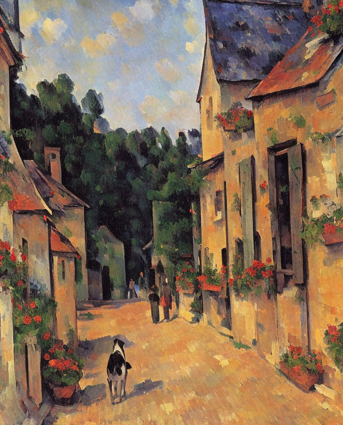 Tranquil village street painting with houses, couple, and dog