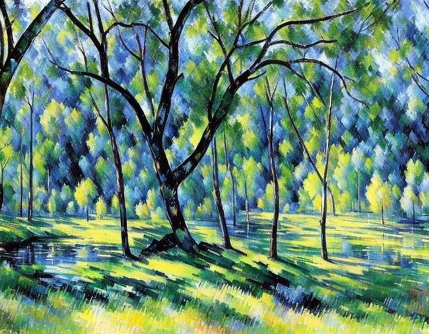 Tranquil forest scene with lush green trees and dappled sunlight