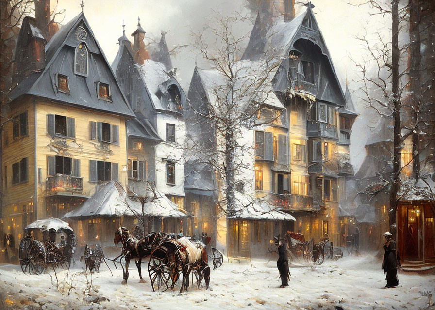 Snow-covered Victorian buildings with people and horse-drawn carriage.