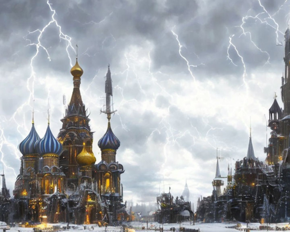 Fantasy cityscape with ornate towers in stormy sky with lightning