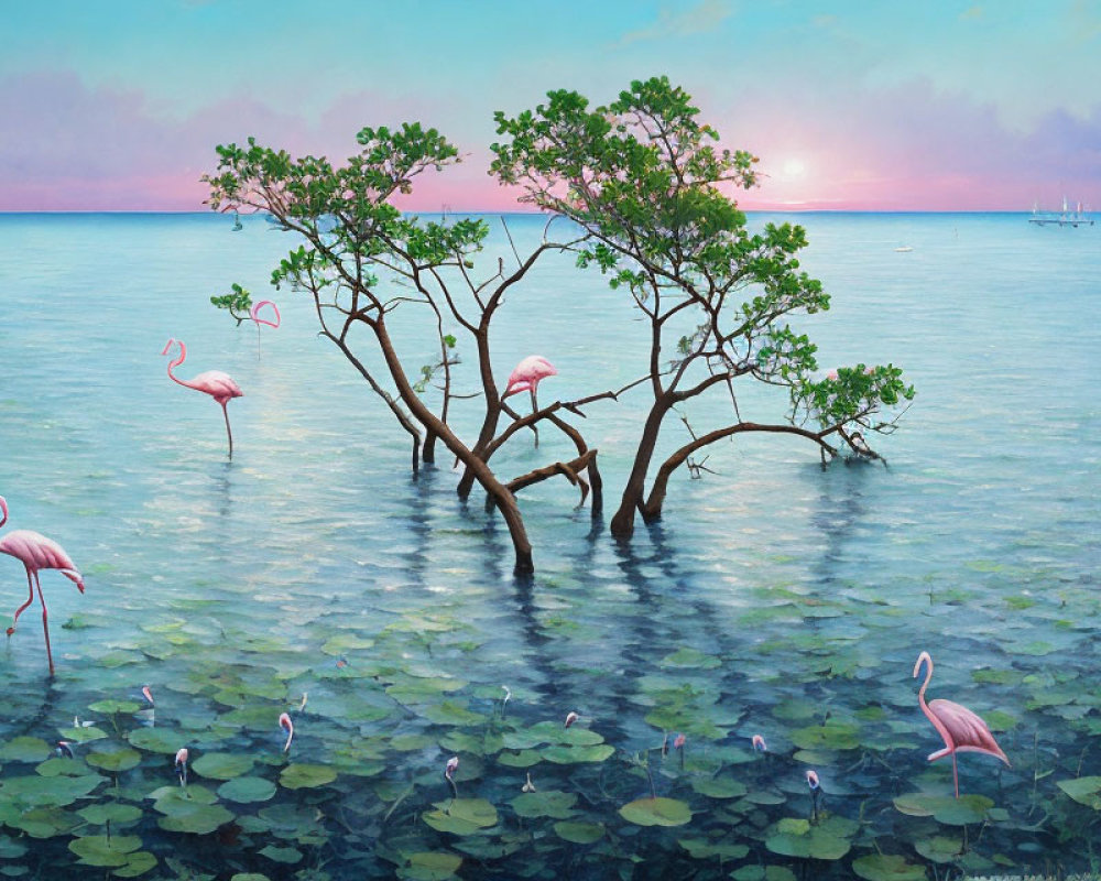 Surreal landscape with pink flamingos, trees, lily pads, ocean, and sunset
