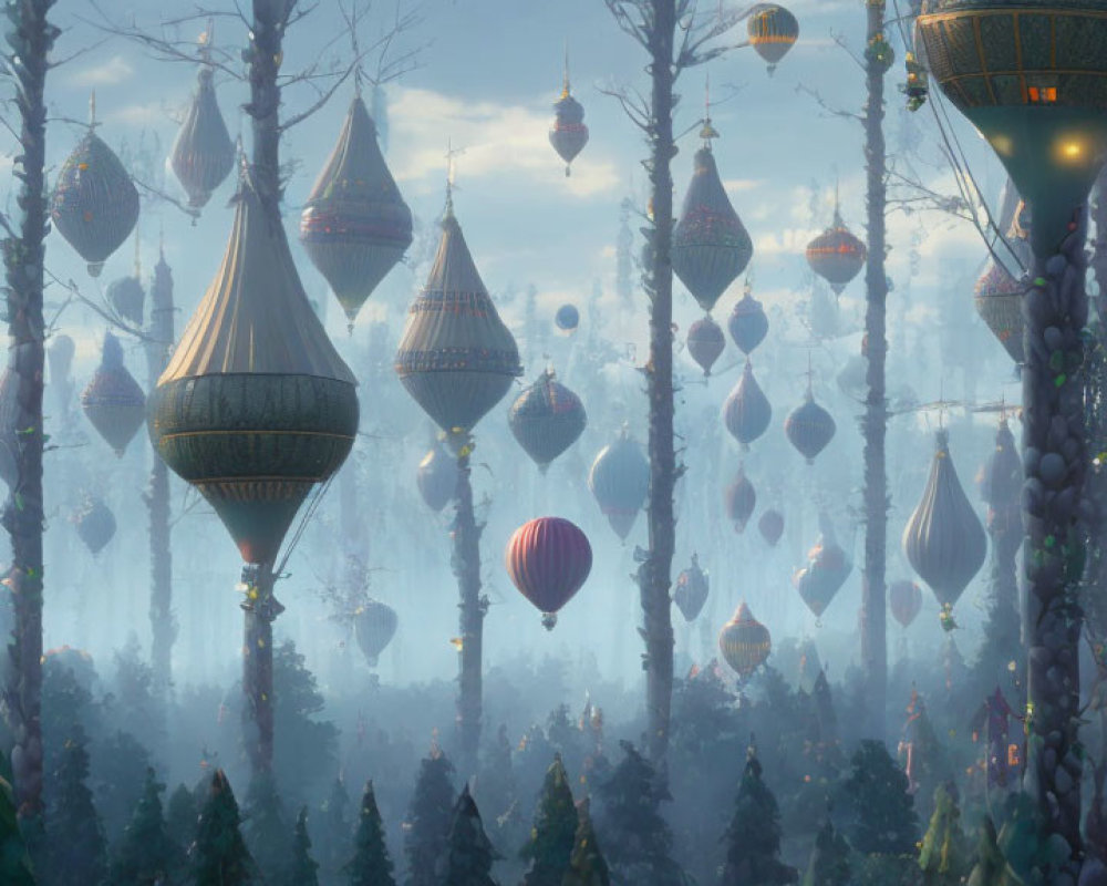 Tranquil forest scene with tall trees and colorful hot air balloons in misty ambiance