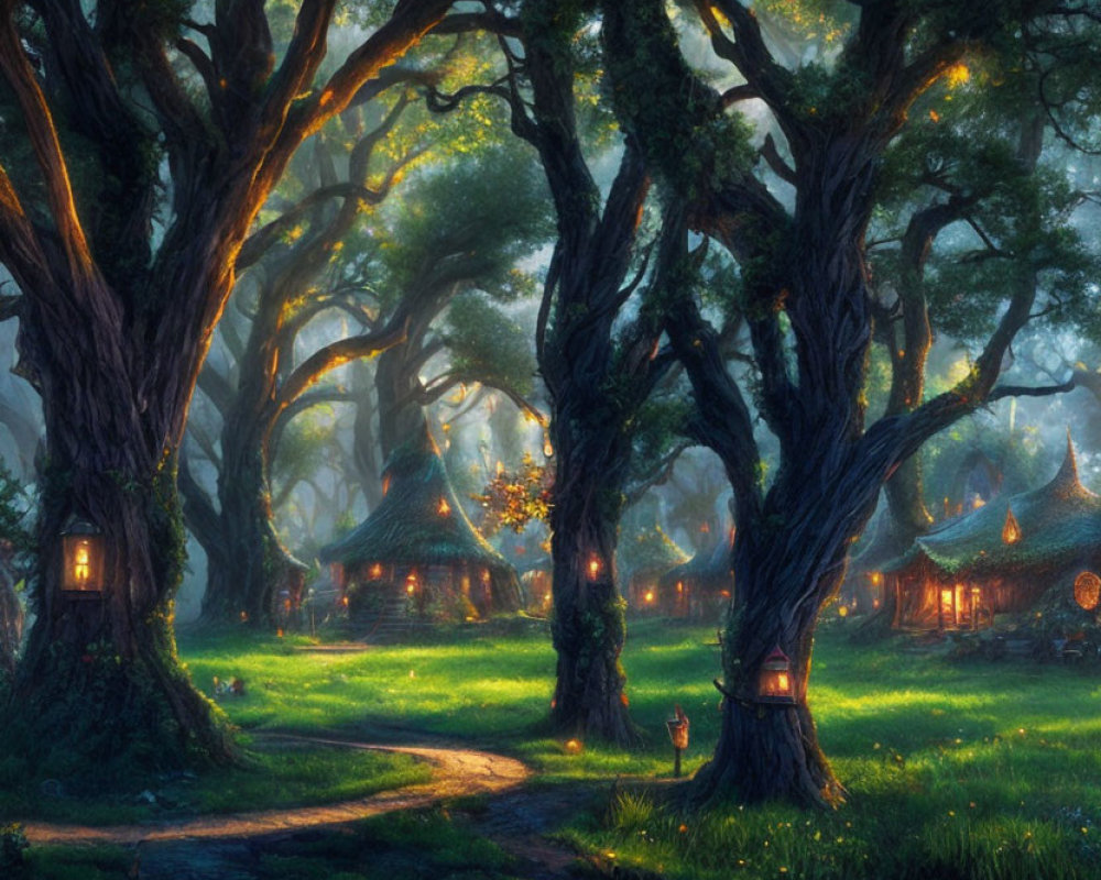 Twilight enchanted forest with cobblestone path and thatched-roof cottages