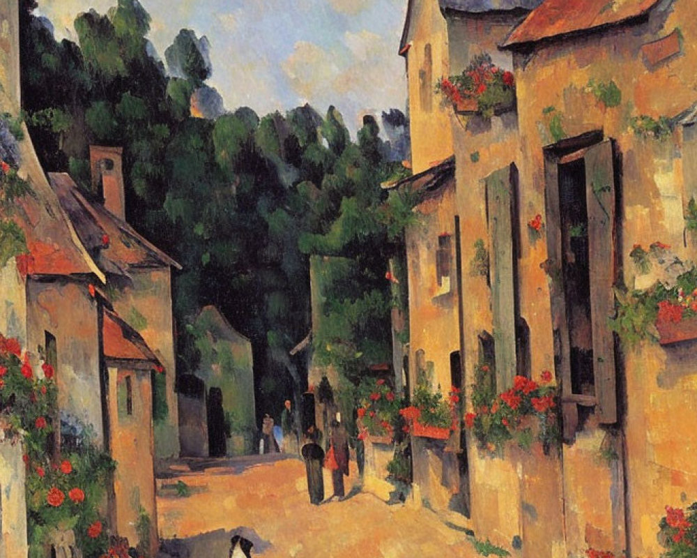 Tranquil village street painting with houses, couple, and dog