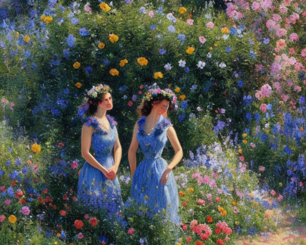 Two Women in Blue Dresses with Flower Crowns in Vibrant Garden