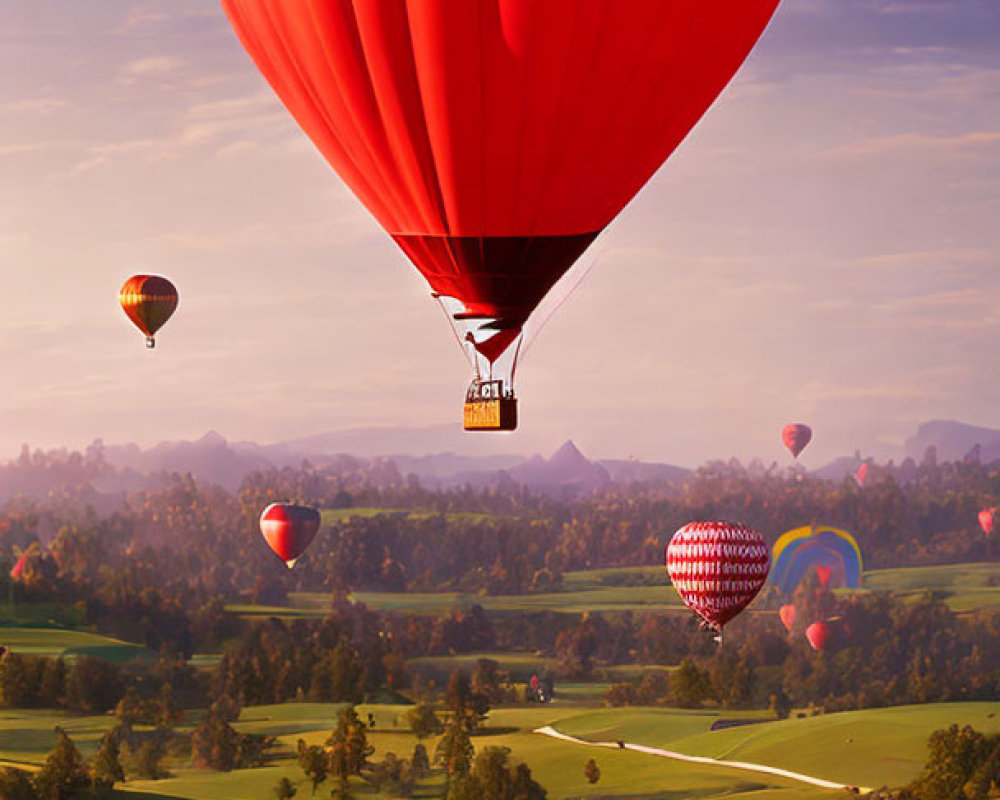 Colorful hot air balloons over green hills at sunrise or sunset