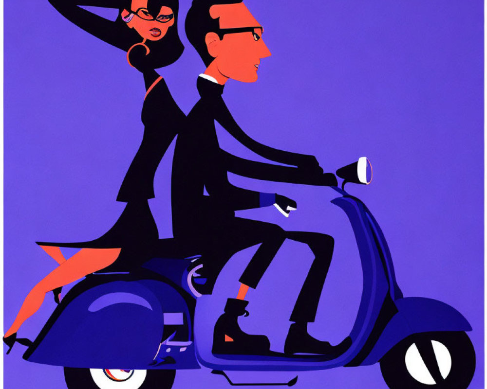 Stylized illustration of man and woman on blue scooter in vibrant purple setting