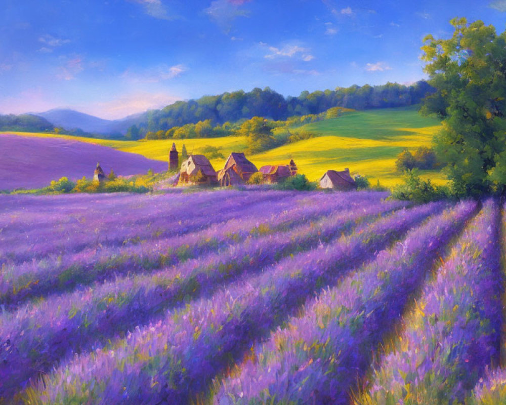 Scenic countryside painting with lavender fields and green hills