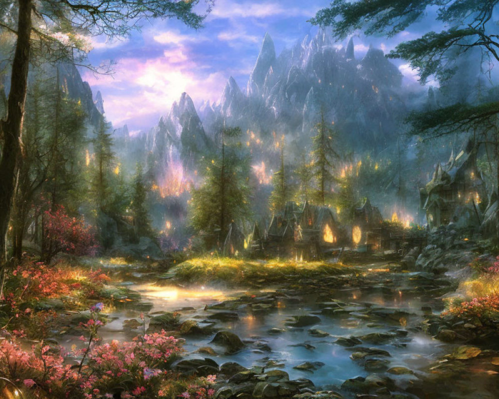 Fantasy landscape with river, flowers, structures & mountains at twilight