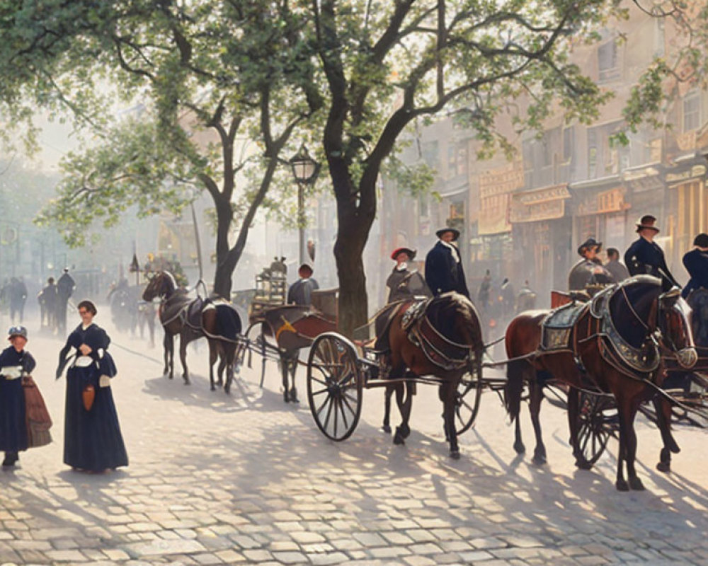 Vintage street scene with horse-drawn carriages and gas lamps.