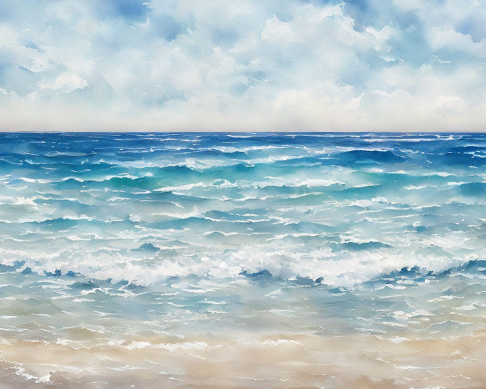 Serene beach watercolor painting with realistic blue waves and cloudy sky