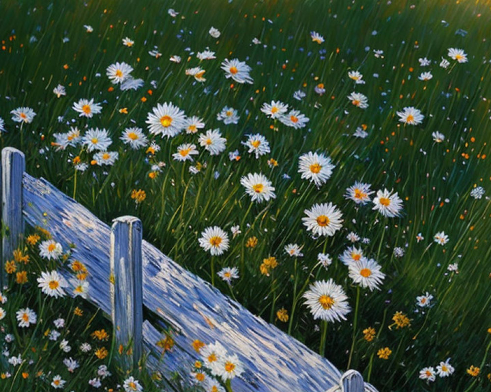 Vibrant wildflowers and daisies in lush meadow at sunset