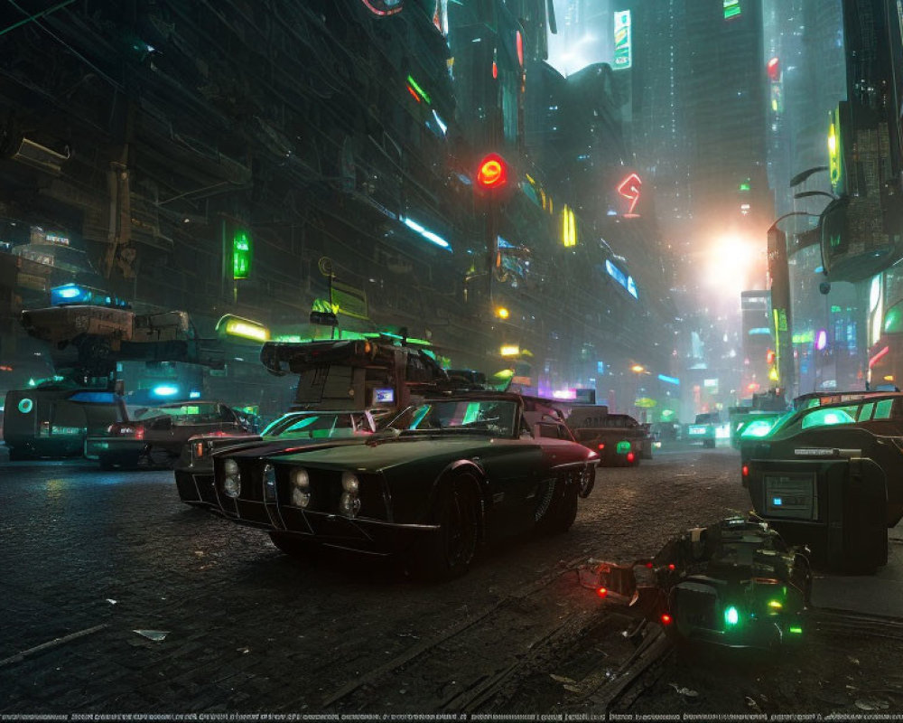 Futuristic city street at night with neon signs and advanced vehicles in rain-soaked ambiance