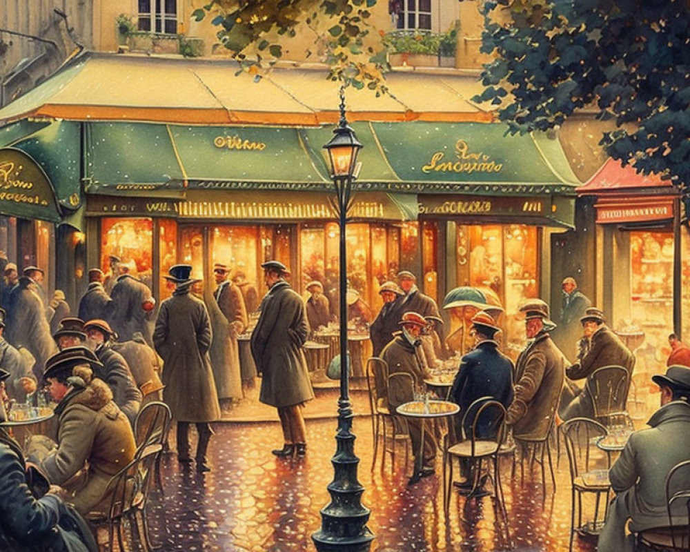 Vintage-style illustration of a bustling outdoor café scene with elegant street lamps and patrons seated at tables in warm
