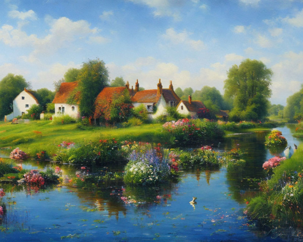 Tranquil rural scene: Thatched cottages, river, lush greenery, vibrant flowers,