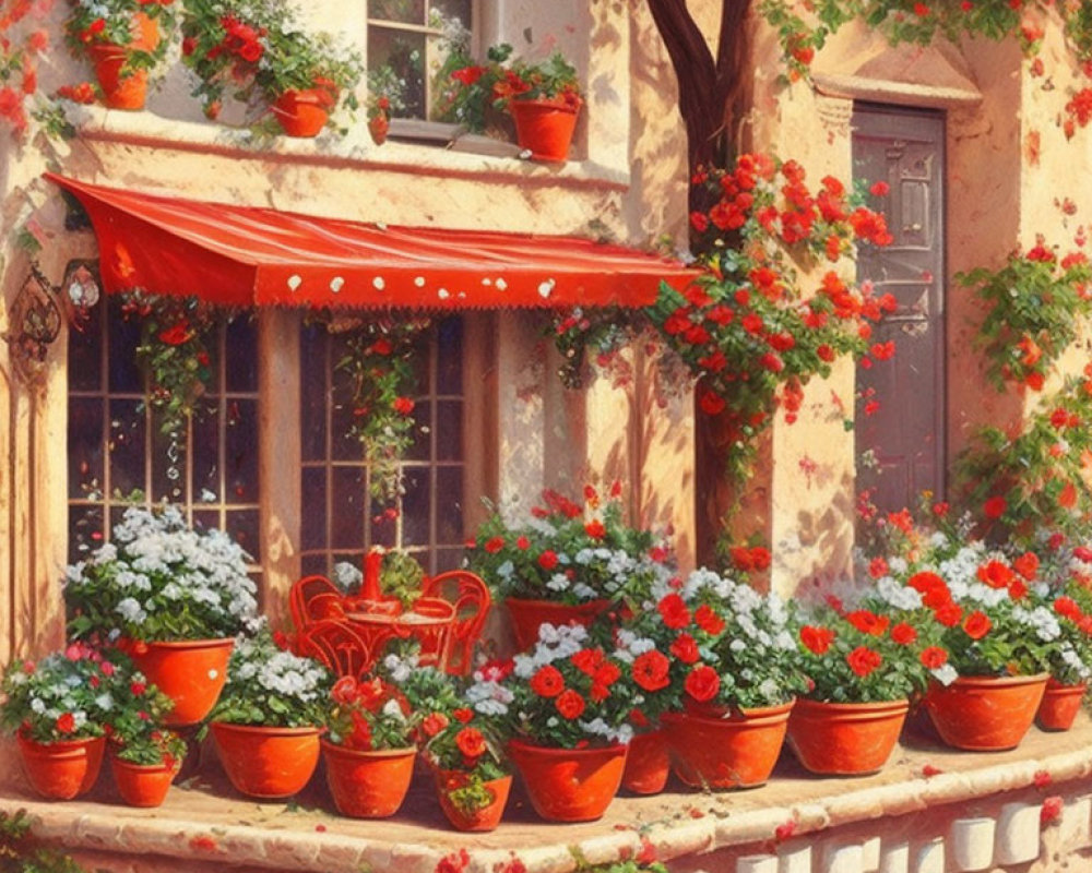 Cozy corner with red and white flowers, awning, wrought iron chairs, stone wall