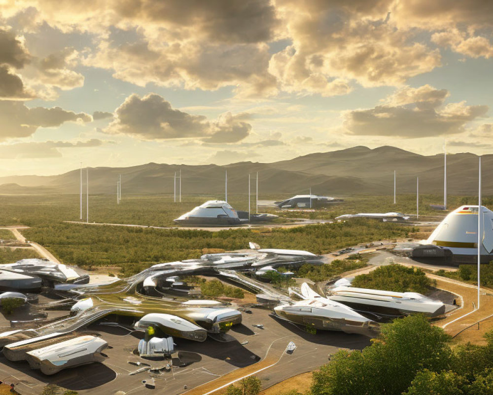 Modern transport hub with sleek vehicles and futuristic structures under golden sky and wind turbines.