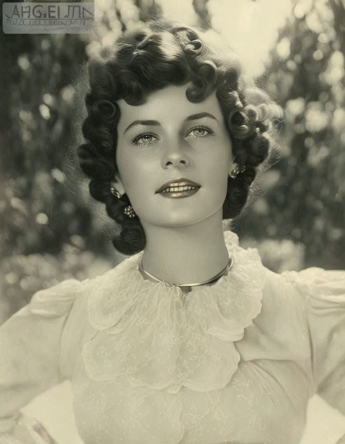 Smiling woman with curly hair in vintage black and white photo