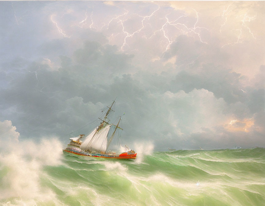Sailboat navigating stormy sea waves and lightning bolts