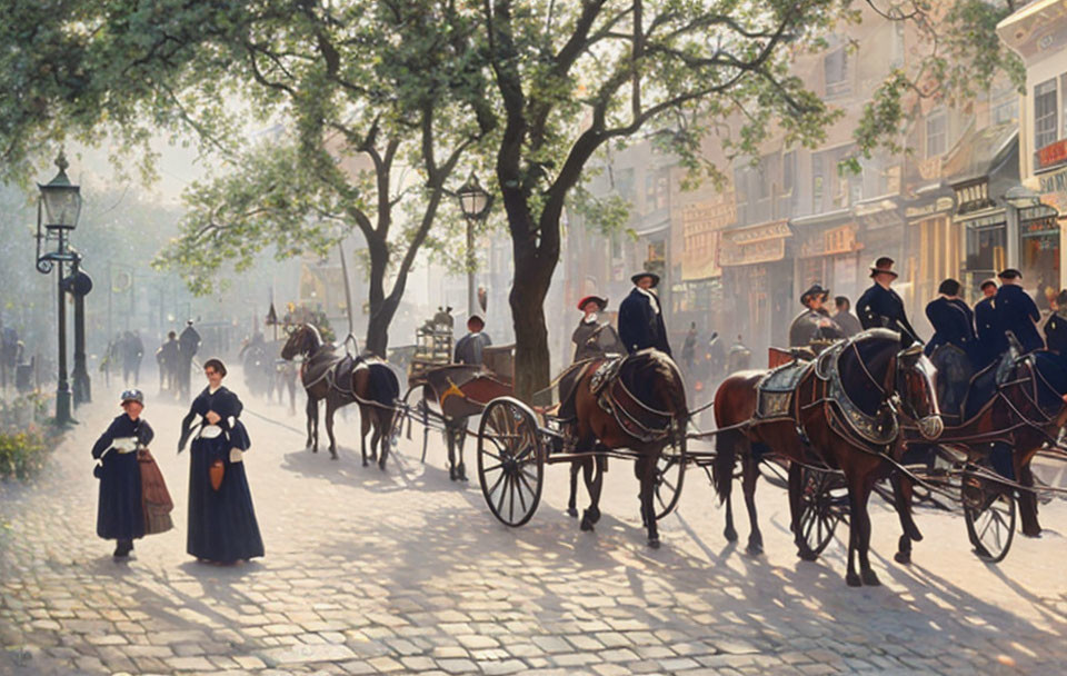 Vintage street scene with horse-drawn carriages and gas lamps.