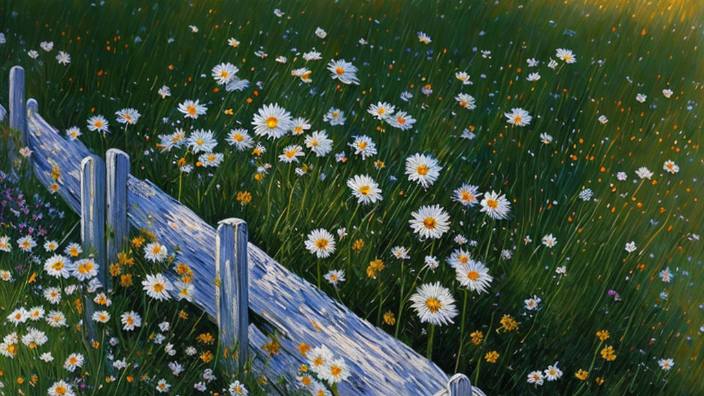Vibrant wildflowers and daisies in lush meadow at sunset