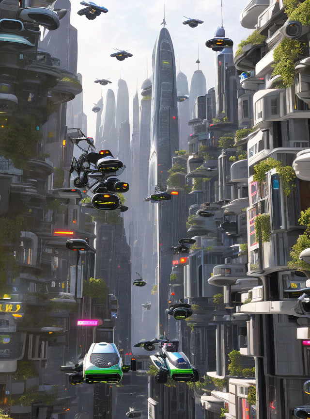 Futuristic cityscape with flying cars and high-rise buildings in sunlight.