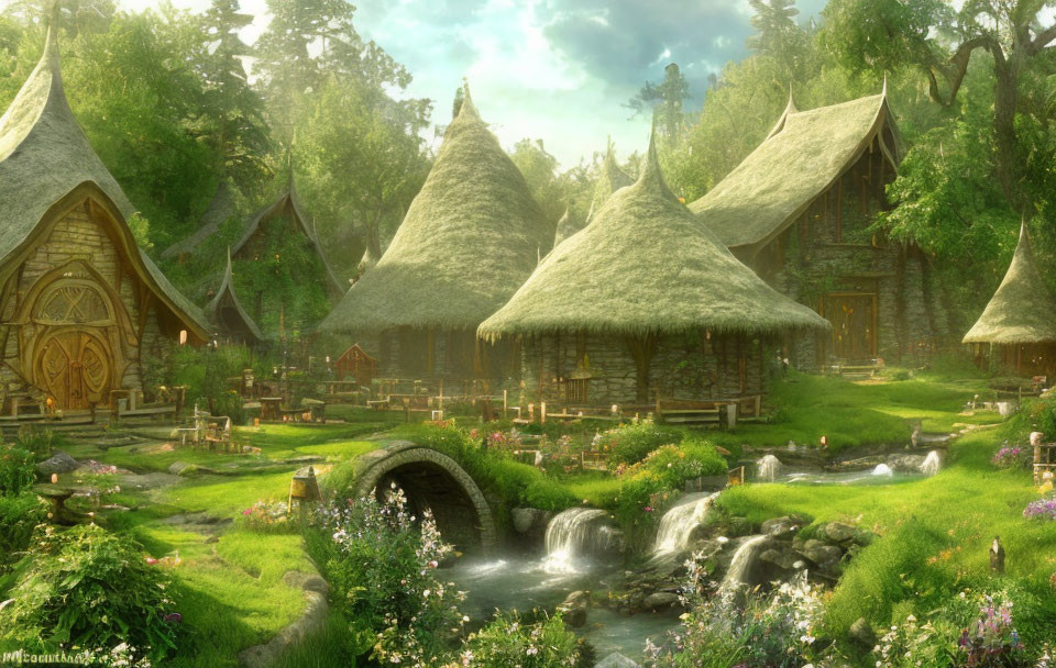 Tranquil fantasy village with thatched-roof cottages and flowing stream