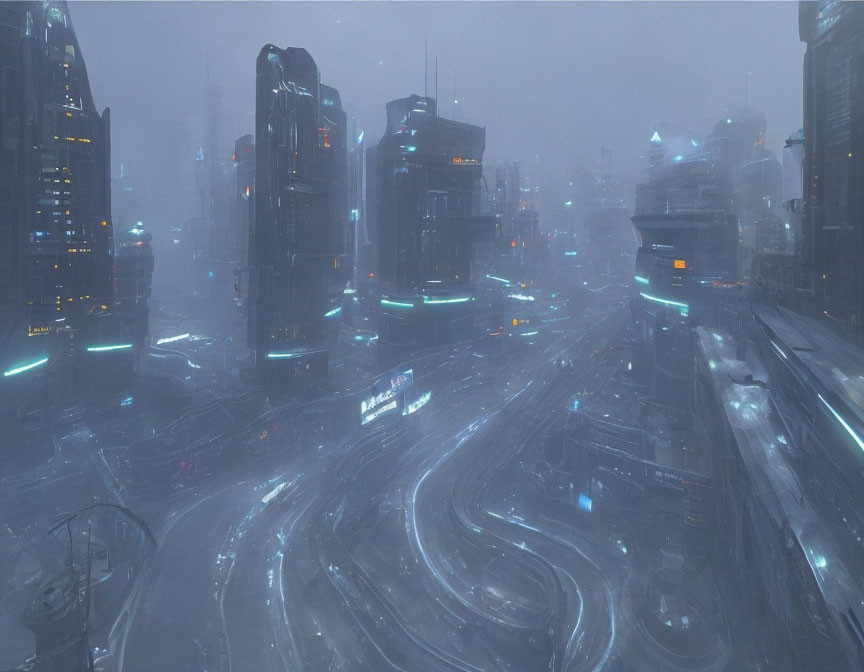 Futuristic cityscape with neon-lit buildings and misty haze