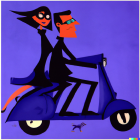 Stylized illustration of man and woman on blue scooter in vibrant purple setting