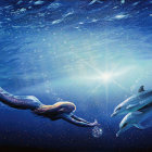 Graceful dolphins swimming underwater with sunlight and fish.