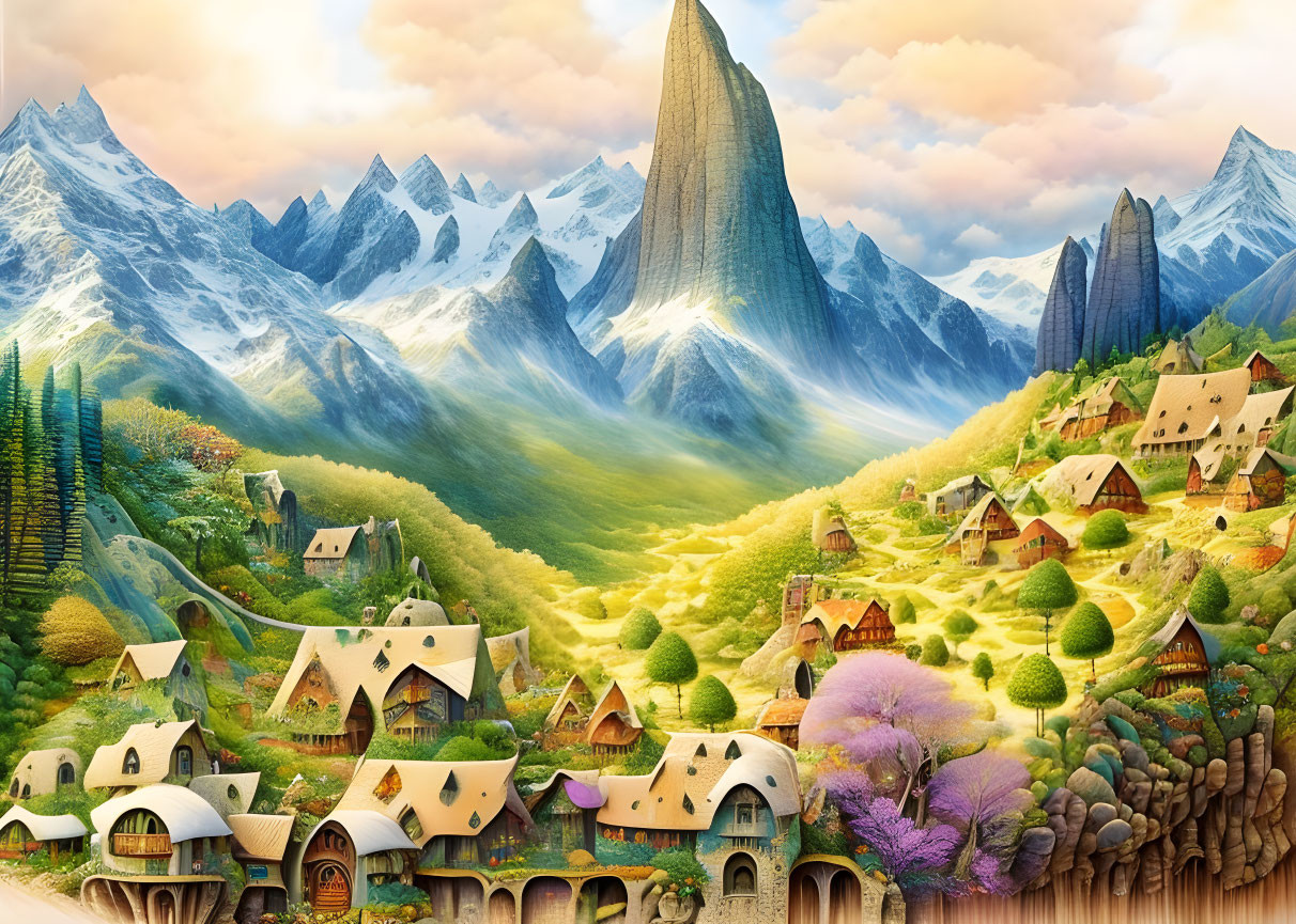 Fantasy landscape with villages, colorful flora, hills, and snowy peaks