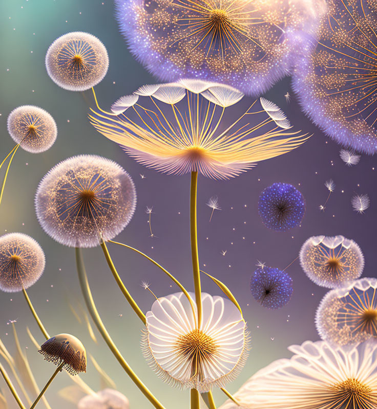 Illustration of glowing dandelion seeds dispersing in pastel backdrop