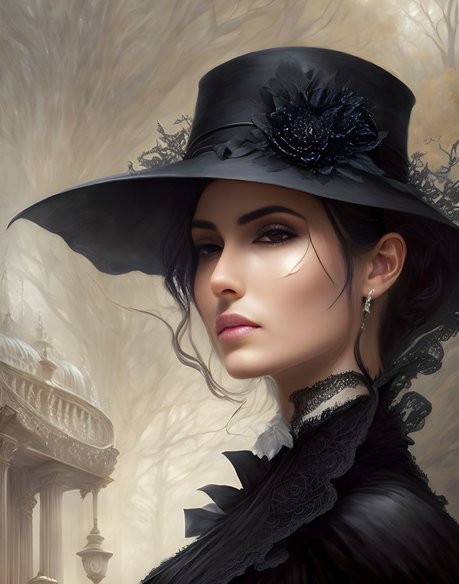 Elegant woman in black hat against classical backdrop