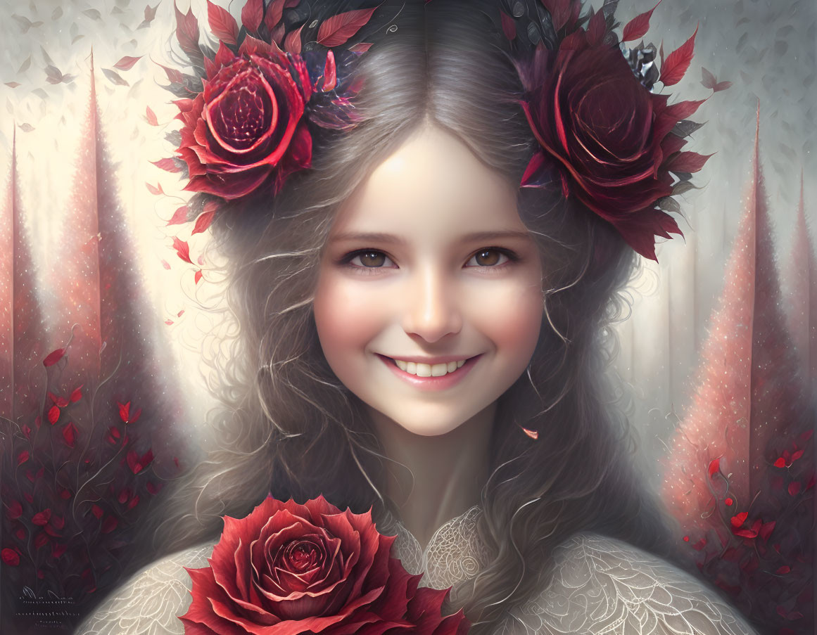 Smiling girl with dark hair and red roses in whimsical floral setting