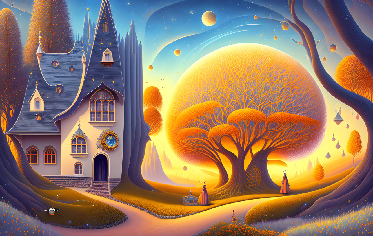 Fantasy landscape illustration with majestic tree, castle-like house, lanterns
