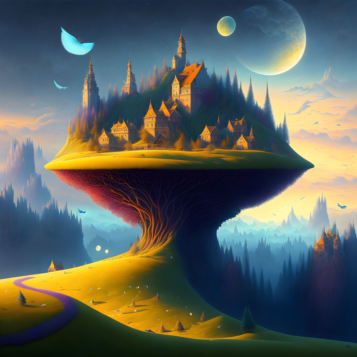 Floating Island with Castle, Houses, Trees, and Moonlit Sky