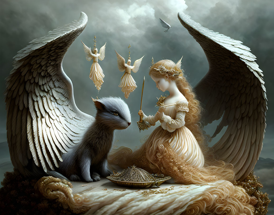 Ethereal woman in golden dress with angelic beings and mythic creature in fantasy scene