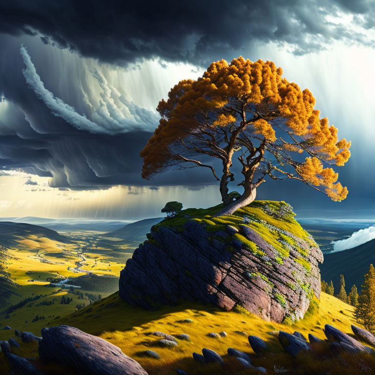 Vibrant orange tree on mossy rock with storm clouds in valley
