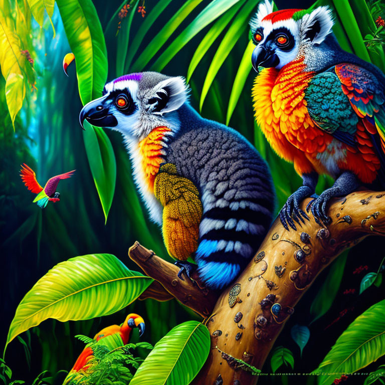 Colorful Ring-Tailed Lemur and Parrot in Jungle Setting