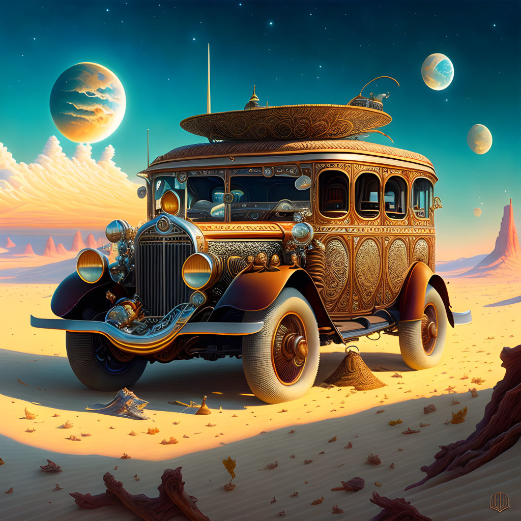 Vintage bus in surreal desert with multiple moons and alien planets.