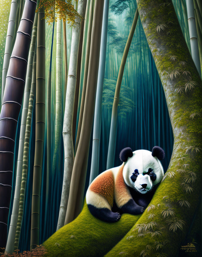 Panda resting on branch in lush bamboo forest with sunbeams.