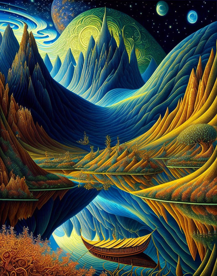 Surreal landscape with wave-like mountains and starry sky