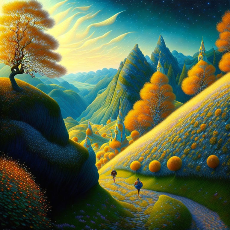 Colorful landscape with golden hills, two figures, and surreal sky