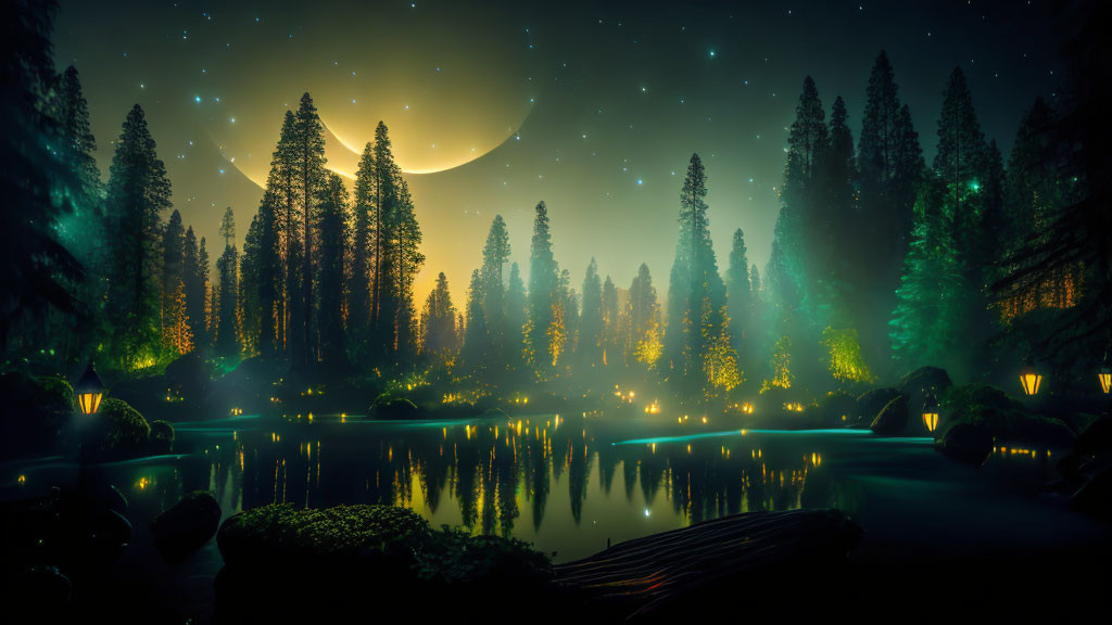 Tranquil Nocturnal Landscape with Crescent Moon and Forest Silhouette
